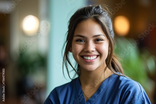 Portrait of a young hispanic nurse wearing scrubs in a nursing home