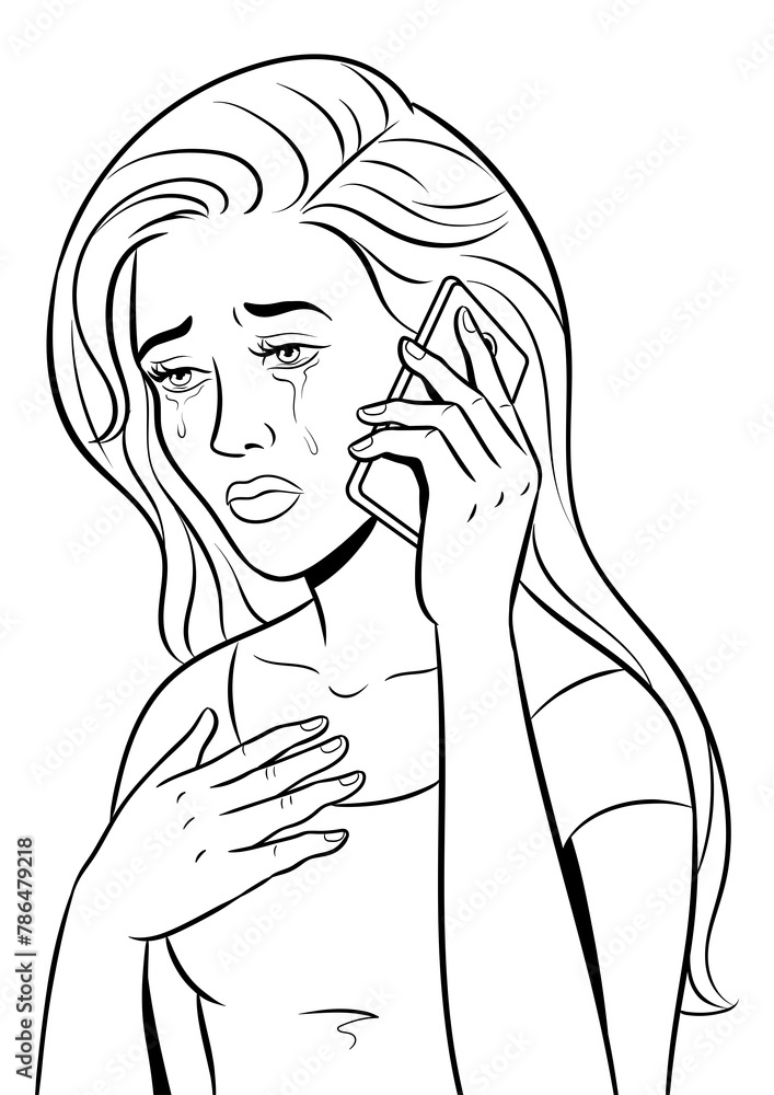 Crying girl with phone coloring PNG illustration. Isolated image on white background. Comic book style imitation.