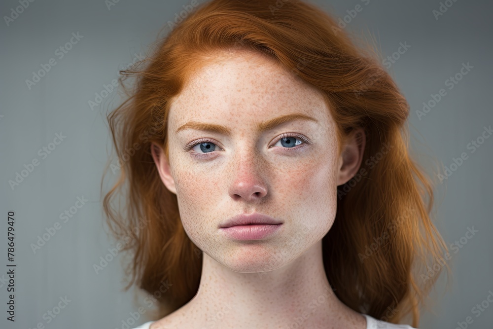 Studio beauty portrait of a woman with red hair and freckles Studio beauty portrait of a woman with red hair and freckles