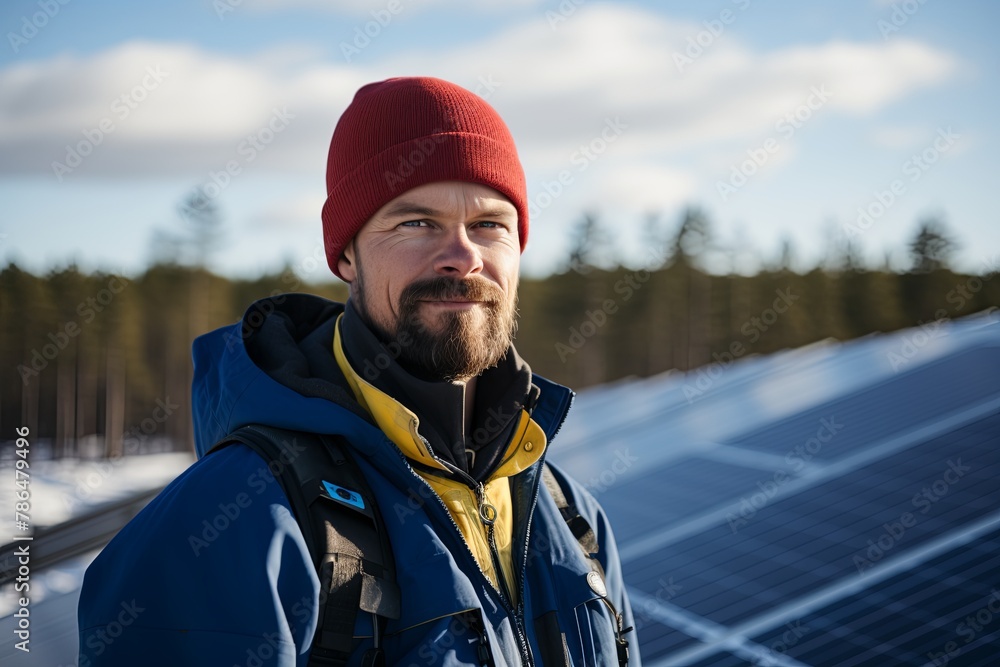 Portrait of a engineer at renewable energy farm with solar panels Portrait of a engineer at renewable energy farm with solar panels
