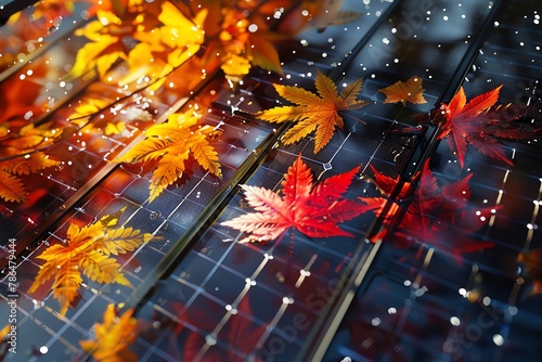Capture a hyper-realistic image of a solar panel split into four quadrants, symbolizing longevity through the seasons Render rich, vibrant colors, lifelike textures, and high color depth in 8K UHD qua photo