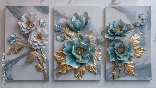 3-section wall painting prepared for room decoration and compositions, usable design for marble design. Examples of paintings for architectural interior design. Flowers pattern.