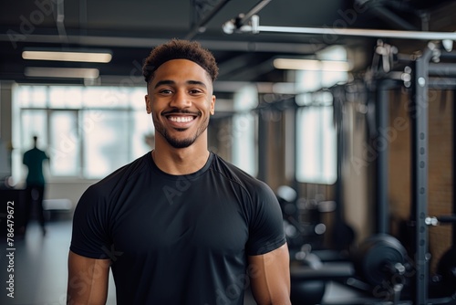 Portrait of a young male black fitness trainer in gym