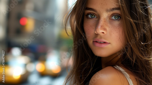 Hübsche junge brünette Frau in der Stadt blickt überraschend in die Kamera als Nahaufnahme, ai generativ photo