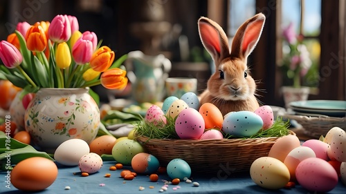 A photorealistic image depicting a bright graphics montage with an Easter holiday theme. The scene includes painted eggs, bunny ears, fresh tulips, and dinner decorations. The focus is on capturing th photo