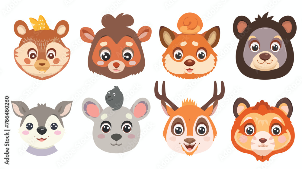 Cute cartoon animals heads set. Vector illustration 
