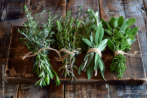 Fresh herbs tied with twine on a rustic woonden board