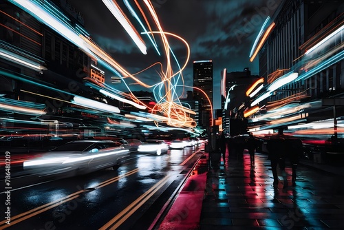 City lights at night, blurry streaks of bright colors against a dark sky. Wet street. Cars zoom by, leaving trails while people walk by, their silhouettes adding to the urban jungle's energy. 