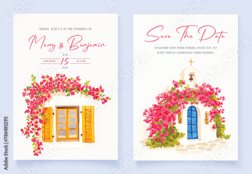 Wedding invitation with hand drawn watercolor spring pink bougainvillea flower background