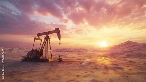 Oil field with rigs and pumps at sunset. World Oil Industry photo