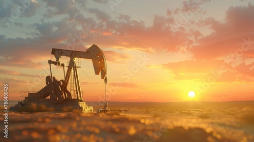Oil field with rigs and pumps at sunset. World Oil Industry