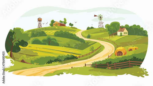 Cute rural landscape panorama with farm cartoon flat