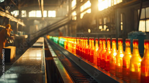 A sequence showing a team of workers at a bottling plant, with the conveyor belt moving colorful bottles under the soft glow of natural light from roof skylights. The shadows provi photo