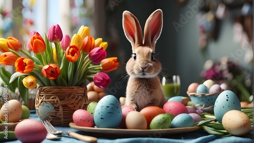 A photorealistic image depicting a bright graphics montage with an Easter holiday theme. The scene includes painted eggs, bunny ears, fresh tulips, and dinner decorations. The focus is on capturing th photo