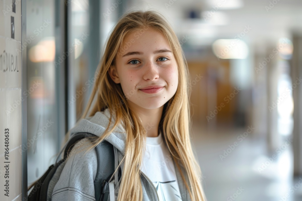 Photo of a beautiful young woman student with a backpack in the school hallway, smiling at the camera,.