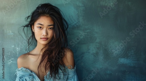 A casual chic portrait of an Asian girl in denim and a casual top, representing everyday style. 