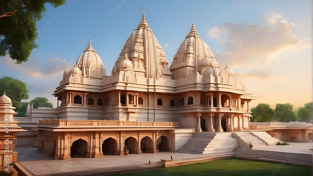 Subject Description: A photorealistic depiction of the Shri Ram Mandir ...