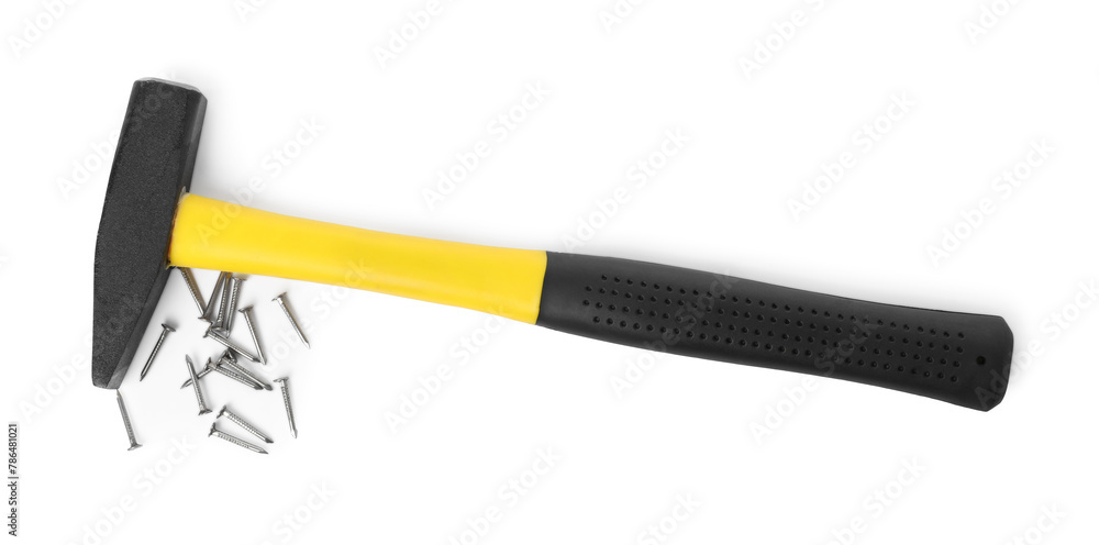 Hammer and metal nails isolated on white, top view Hammer and metal nails isolated on white, top view