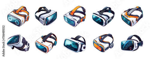 Vr headset cartoon vector set. Virtual reality goggles meta universe digital gaming hi tech gadget device illustrations isolated on white background