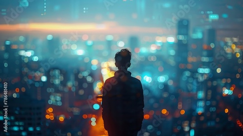 Adjust the camera's focus to transition from a hazy city backdrop to a clear silhouette of a person in the foreground.
