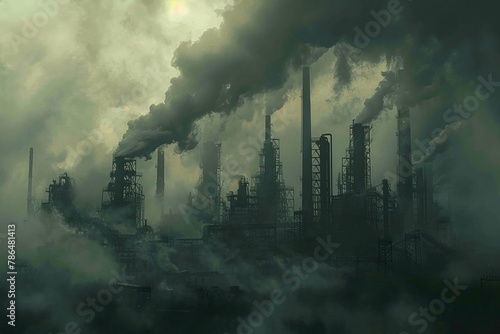Toxic fumes swirl around the industrial plant, creating a stark and desolate landscape with a subdued palette and intricate textures. photo