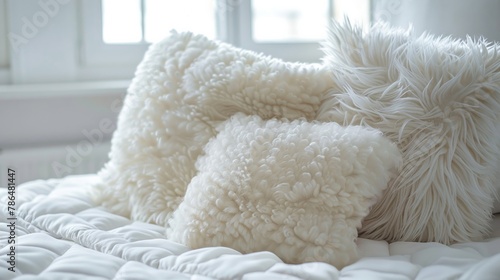 An overhead view of a pristine white comforter with plump cushions