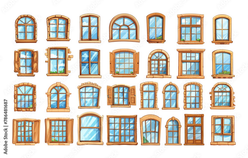 Windows cartoon vector set. Glass view composed old facade closed shutters buildings architectural elements illustrations isolated in white background