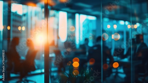 A dynamic shot capturing the teamwork and collaboration of business coworkers, with a view through glass into the boardroom.