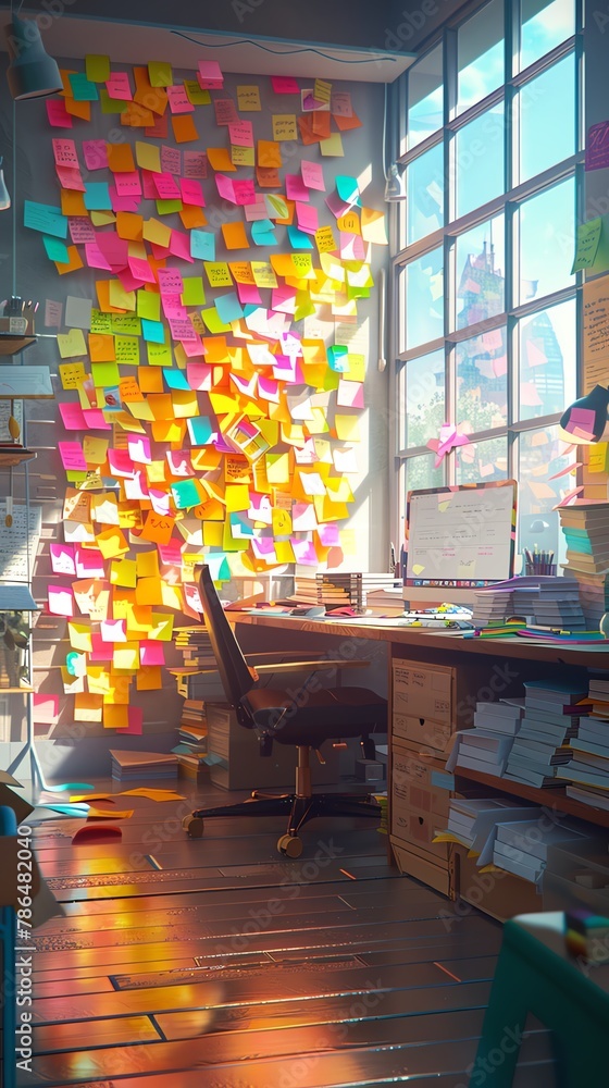 Capture the panoramic view of the scene with a high level of detail, emphasizing the unique outfit made of post-it notes Use lighting and shadows to enhance the dynamic environment of a startup cultur