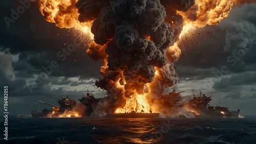 Fiery Seascape at Sunset Battleship: A mesmerizing scene with flames dancing on the water at dusk. violent explosion Framed with the silhouette of a ship against the evening sky. photo