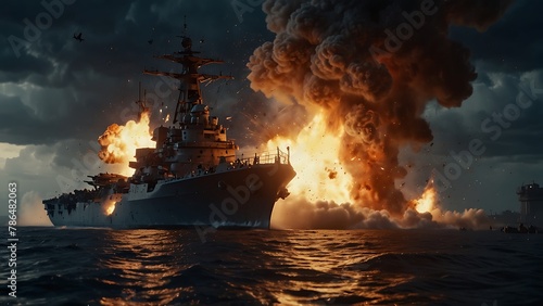 Fiery Seascape at Sunset Battleship: A mesmerizing scene with flames dancing on the water at dusk. violent explosion Framed with the silhouette of a ship against the evening sky.
