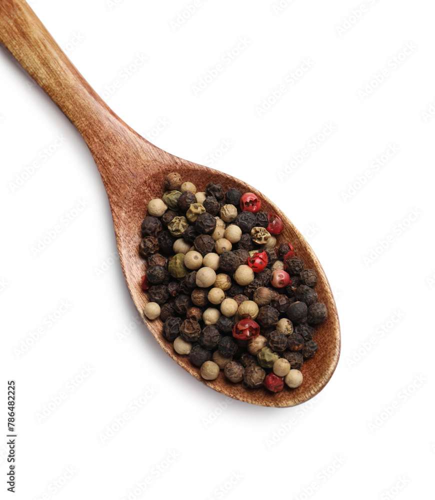 Aromatic spices. Different peppers in wooden spoon isolated on white, top view Aromatic spices. Different peppers in wooden spoon isolated on white, top view