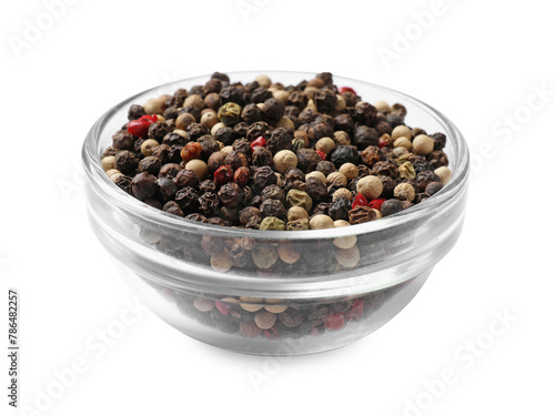 Aromatic spices. Different peppers in bowl isolated on white