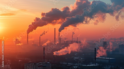 Environmental Impact. industrial with smokestacks and factories emitting carbon emissions, climate change on air quality
