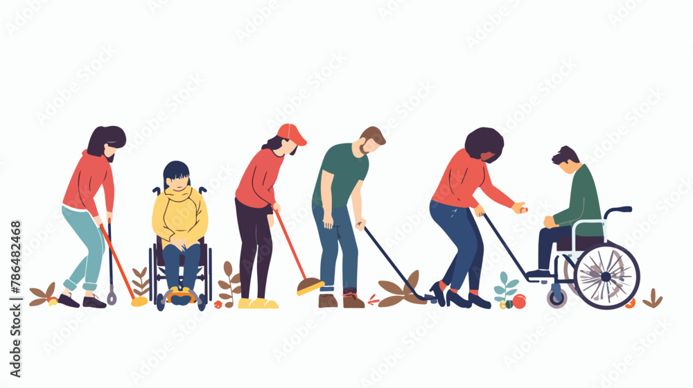 Disabled people with friends helping them set. Vector
