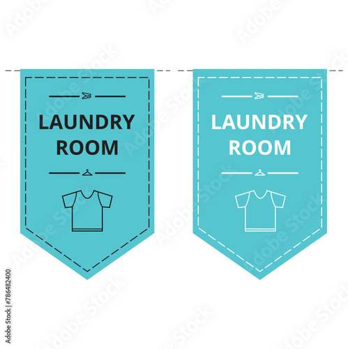Cartel de cuarto de lavado con icono de ropa en color celeste. Vector
