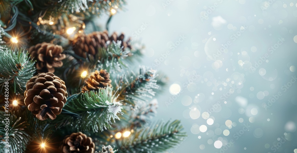Christmas tree with pine cones and lights on light background with copy space, banner design Generative AI Christmas tree with pine cones and lights on light background with copy space, banner design Generative AI