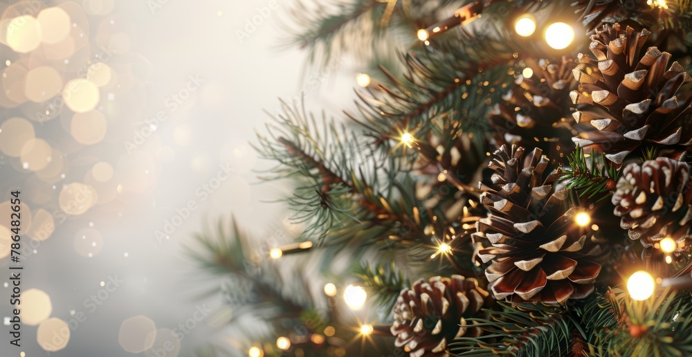 Christmas tree with pine cones and lights on light background, copy space for text, banner design Generative AI Christmas tree with pine cones and lights on light background, copy space for text, banner design Generative AI