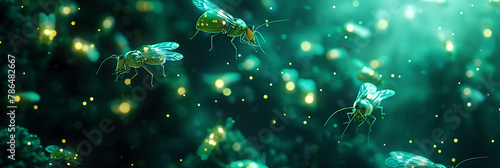 overhead view of glowing insects at night, science and technology in action, realistic photography, copy space