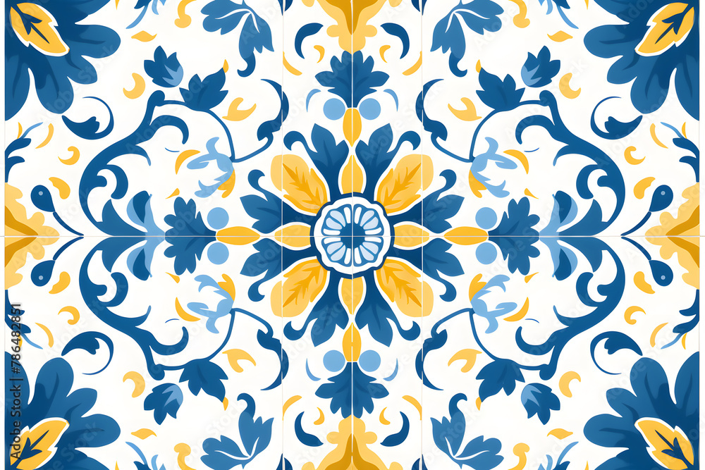 Pattern of Portuguese azulejos tiles. Rustic blue and yellow tile watercolor seamless pattern Pattern of Portuguese azulejos tiles. Rustic blue and yellow tile watercolor seamless pattern