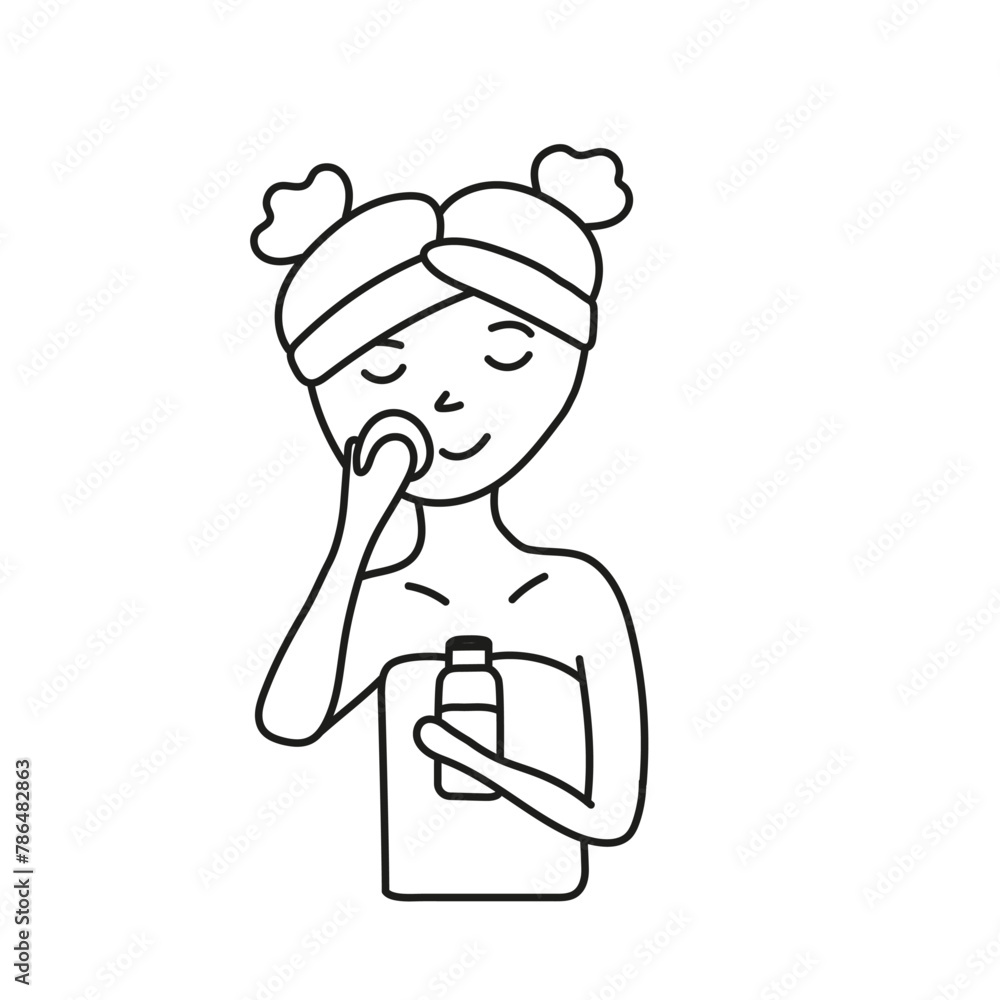 The girl takes care of her face. Vector illustration in doodle style