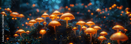 overhead view of glowing mushrooms in a forest, science and technology in action, realistic photography, copy space photo