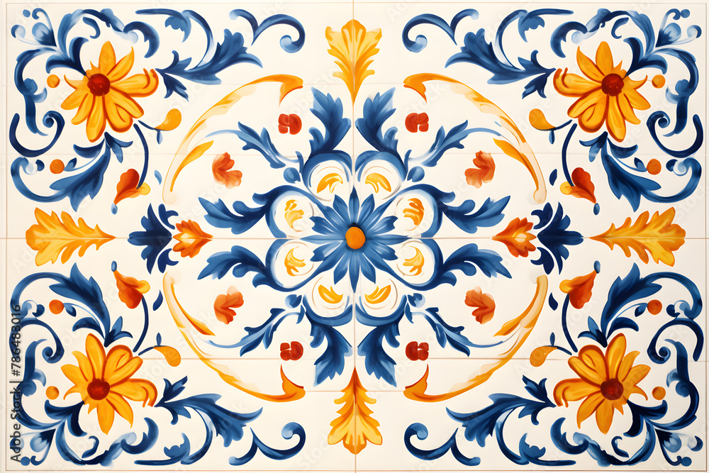 Pattern of Portuguese azulejos tiles. Rustic blue and yellow tile watercolor seamless pattern Pattern of Portuguese azulejos tiles. Rustic blue and yellow tile watercolor seamless pattern