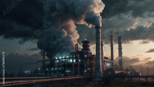 Industrial Smoke Pollution: A factory chimney emits smoke, polluting the air and contributing to environmental degradation © VFX1988