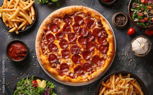 A pepperoni pizza feast with sides of fries and fresh salad