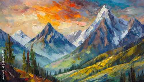 Beautiful mountains landscape illustration. Sunset, clouds, mountains and woods. Evergreen forests