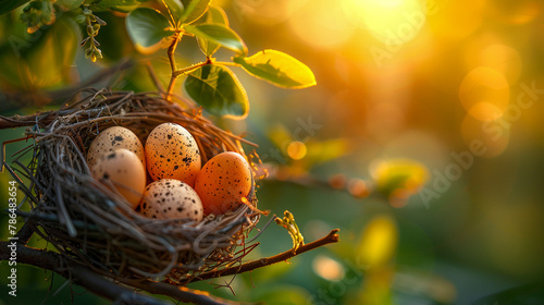 A beautiful nest with brown spotted eggs sits on a branch with green leaves in the morning sun.