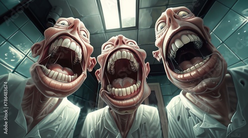 Craft a photo-realistic illustration of three box head humans sporting enormous grins in a dark, hospital setting, captured from a dynamic low-angle perspective, emphasizing the immense mouths photo
