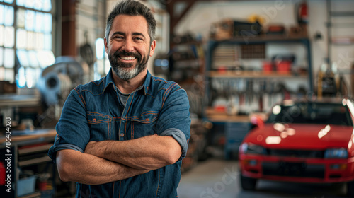 A man is smiling in a garage with a red car behind him. Scene is happy and positive