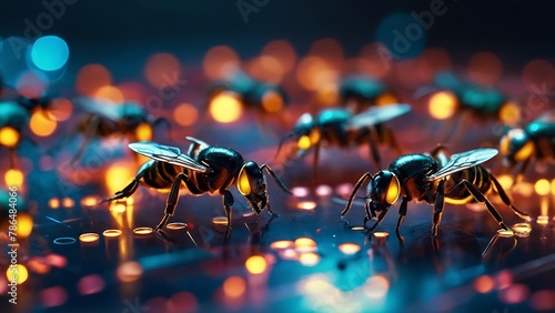 Close-up of a computer circuit board with a red ladybug on a leaf in a garden